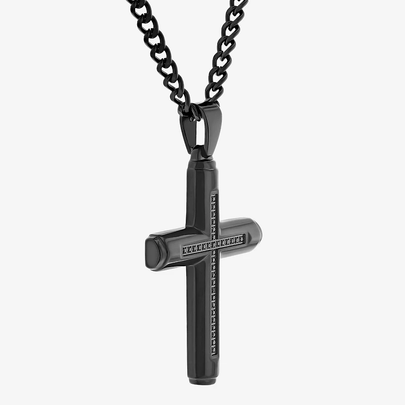 Mens 1/7 CT. T.W. Natural Black Diamond Stainless Steel Cross 24 Inch Pendant Necklace