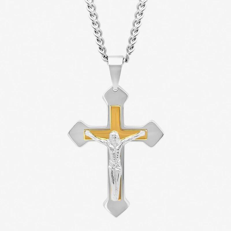 Mens Two-Tone Stainless Steel Crucifix Pendant Necklace