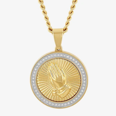 Mens 1/4 CT. T.W. Natural Diamond Stainless Steel Circle Prayer Hands Pendant Necklace