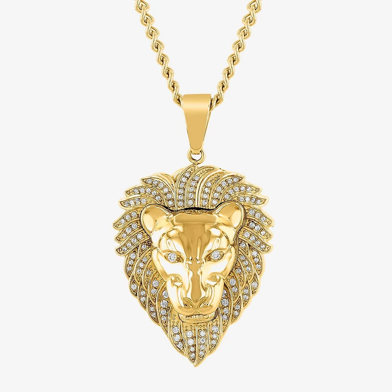 Lion Mens White Cubic Zirconia Stainless Steel 24 Inch Pendant Necklace