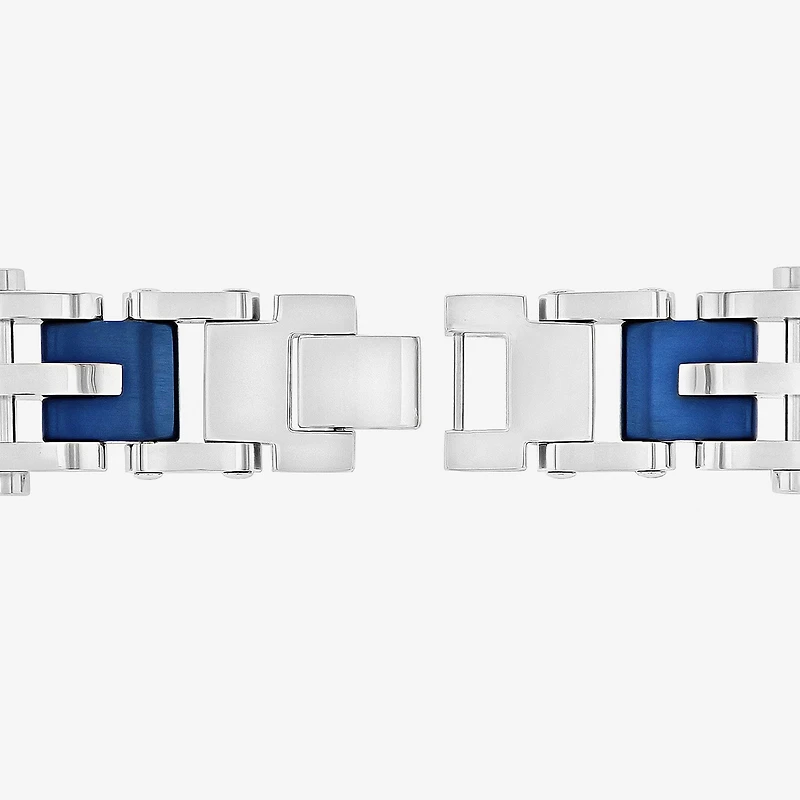 Mens 8 1/2 Inch Stainless Steel Blue IP Finish Cross and Bar Link Bracelet