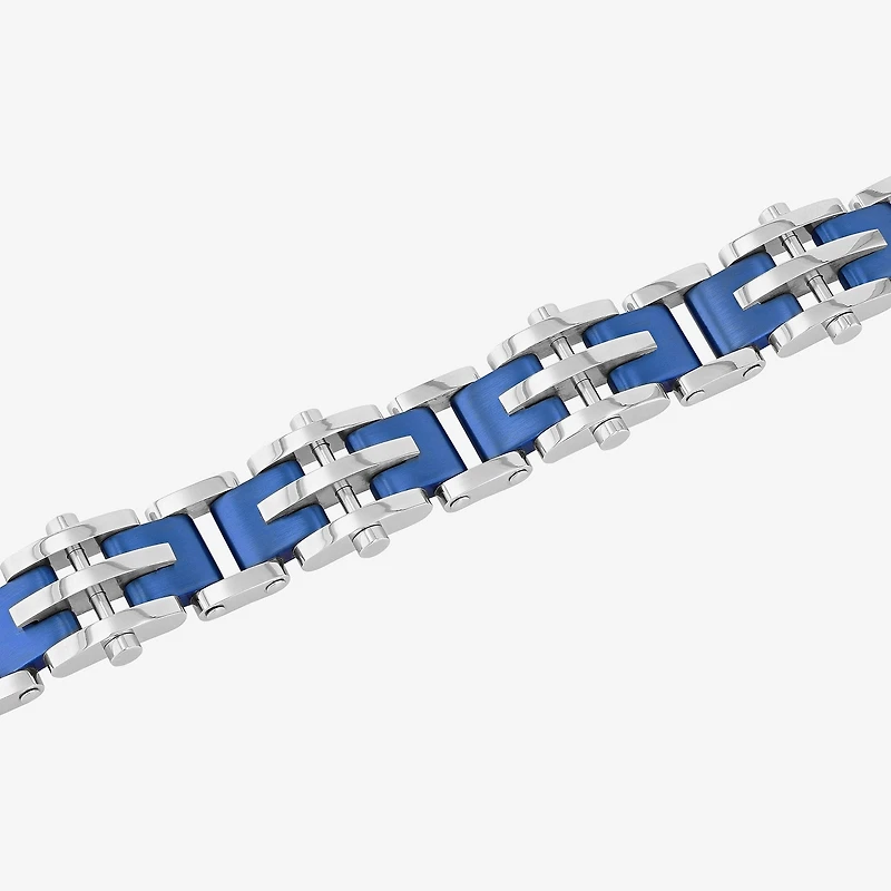 Mens 8 1/2 Inch Stainless Steel Blue IP Finish Cross and Bar Link Bracelet