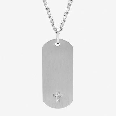 Mens Diamond Accent Natural White Diamond Stainless Steel Cross Dog Tag 24 Inch Pendant Necklace