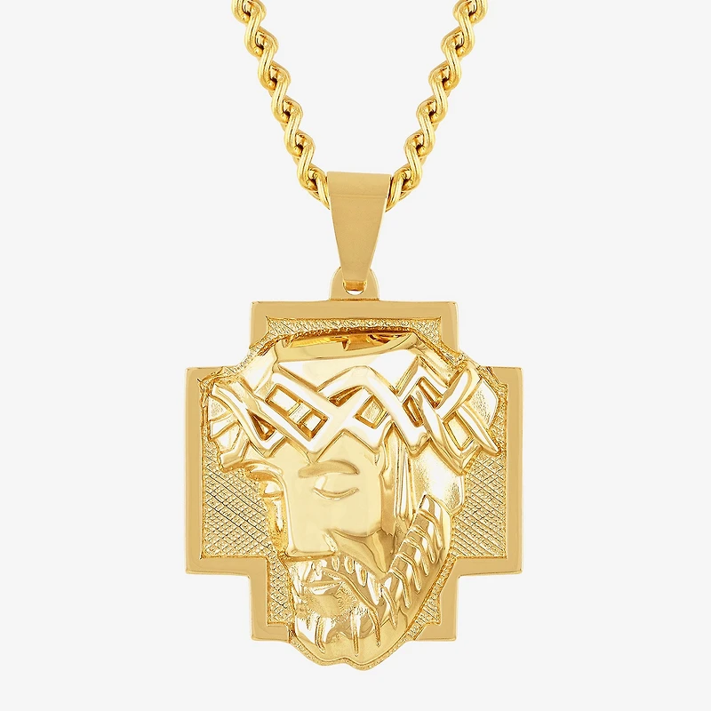 Jesus Head Mens Stainless Steel Cross 24 Inch Pendant Necklace