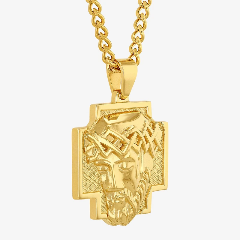 Jesus Head Mens Stainless Steel Cross 24 Inch Pendant Necklace