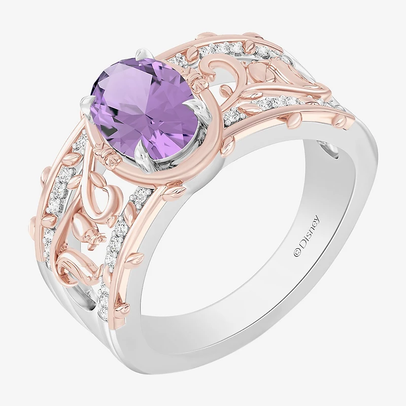 Enchanted Disney Fine Jewelry Womens 1/8 CT. T.W. Genuine Purple Amethyst 14K Two Tone Gold Over Silver Oval Princess Rapunzel Cocktail Ring