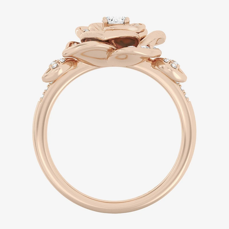 Enchanted Disney Fine Jewelry Rose (I, I2) Womens 1/2 CT. T.W. Lab Grown White Diamond 14K Gold Over Silver Flower Belle Princess Side Stone Cocktail Ring
