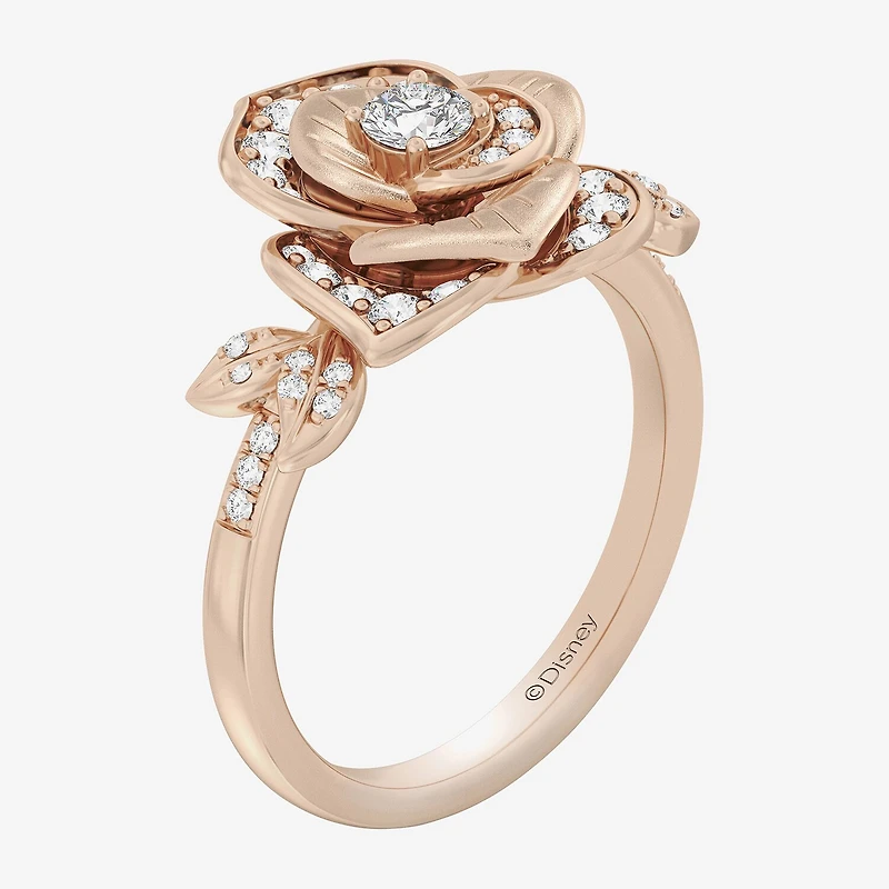 Enchanted Disney Fine Jewelry Rose (I, I2) Womens 1/2 CT. T.W. Lab Grown White Diamond 14K Gold Over Silver Flower Belle Princess Side Stone Cocktail Ring