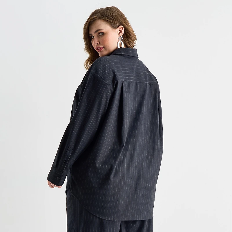 Ashley Graham Pinstripe Womens Plus Long Sleeve Relaxed Fit Button-Down Shirt