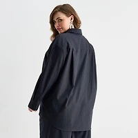 Ashley Graham Pinstripe Womens Plus Long Sleeve Relaxed Fit Button-Down Shirt