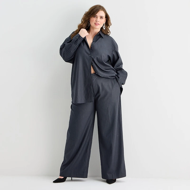 Ashley Graham Pinstripe Womens Plus Long Sleeve Relaxed Fit Button-Down Shirt