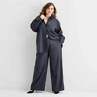 Ashley Graham Pinstripe Womens Plus Long Sleeve Relaxed Fit Button-Down Shirt