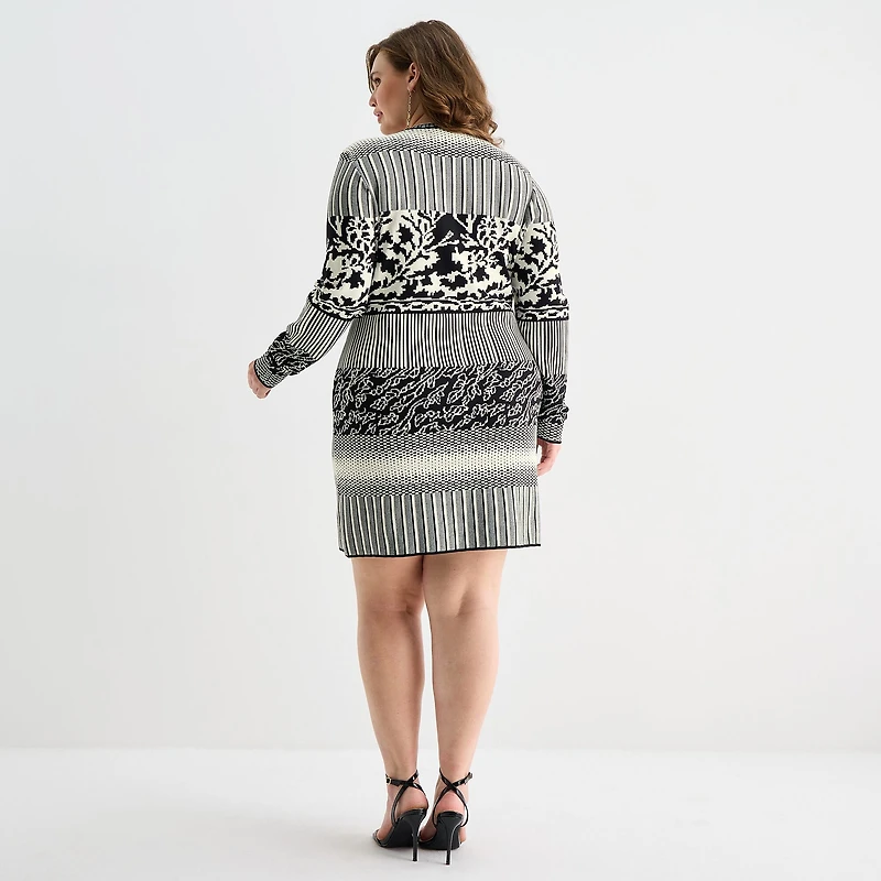 Ashley Graham Womens Plus Crew Neck Long Sleeve Fitted Jacquard Bodycon Dress
