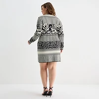 Ashley Graham Womens Plus Crew Neck Long Sleeve Fitted Jacquard Bodycon Dress
