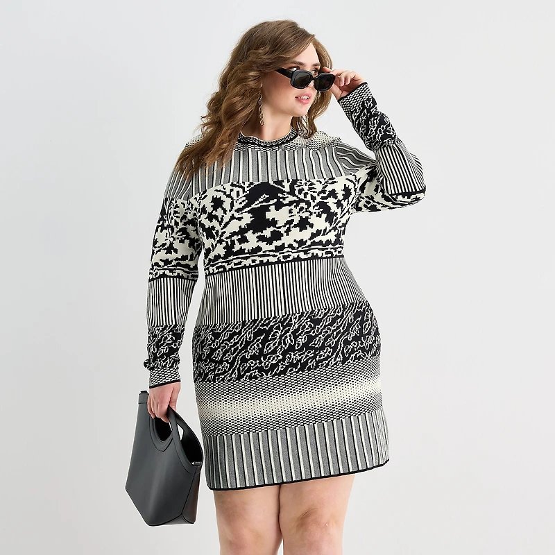 Ashley Graham Womens Plus Crew Neck Long Sleeve Fitted Jacquard Bodycon Dress