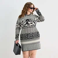 Ashley Graham Womens Plus Crew Neck Long Sleeve Fitted Jacquard Bodycon Dress