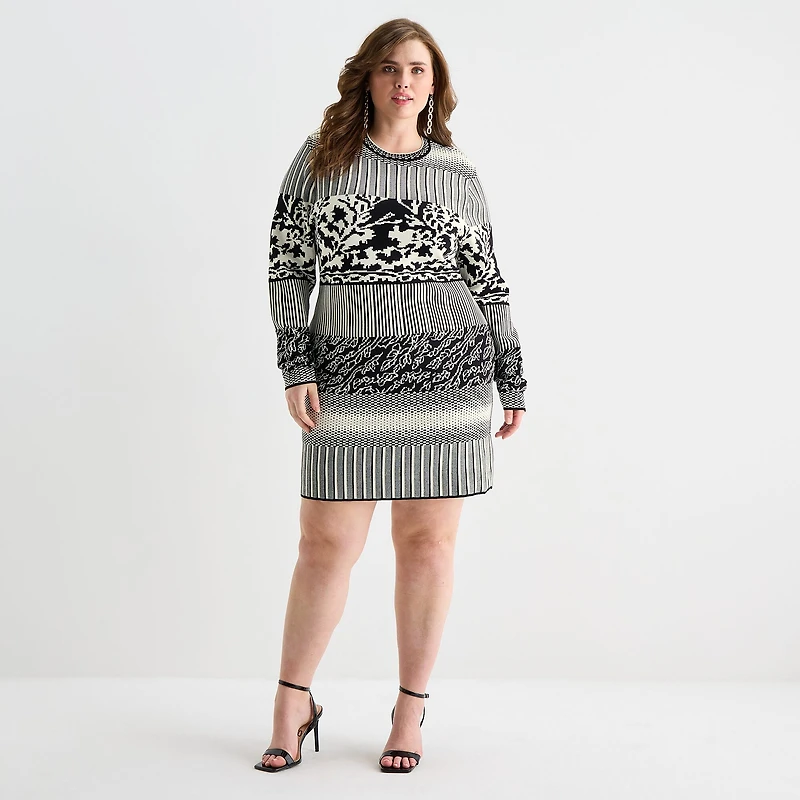 Ashley Graham Womens Plus Crew Neck Long Sleeve Fitted Jacquard Bodycon Dress