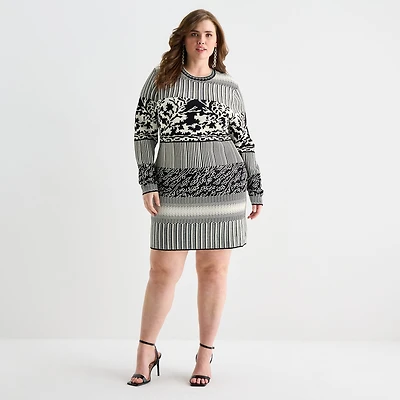 Ashley Graham Womens Plus Crew Neck Long Sleeve Fitted Jacquard Bodycon Dress