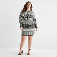 Ashley Graham Womens Plus Crew Neck Long Sleeve Fitted Jacquard Bodycon Dress