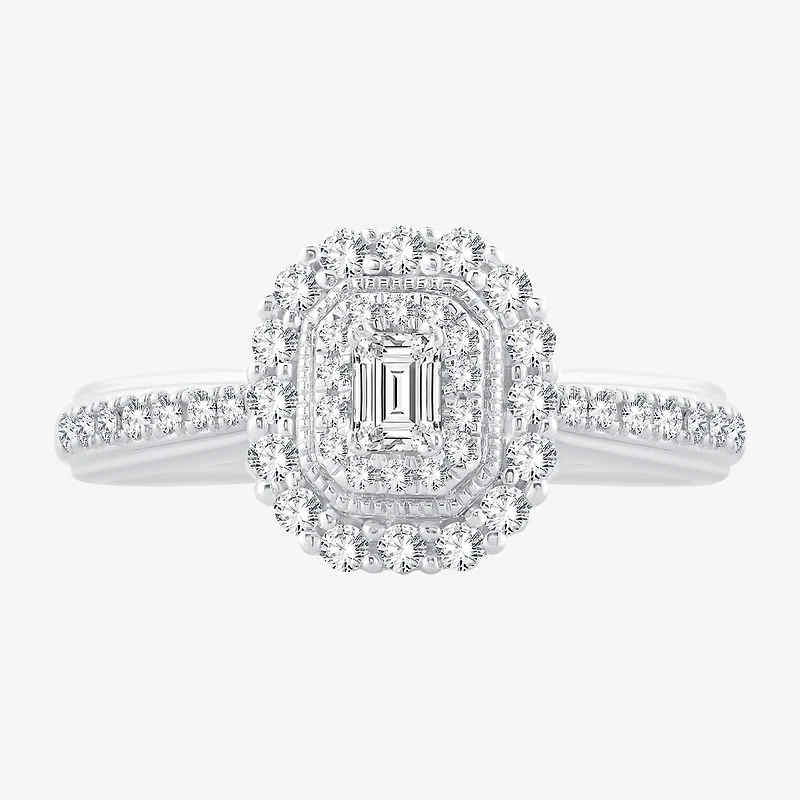 Signature By Modern Bride Womens 1/2 CT. T.W. Natural White Diamond 14K Gold Side Stone Halo Engagement Ring