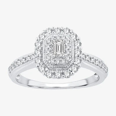 Signature By Modern Bride Womens 1/2 CT. T.W. Natural White Diamond 14K Gold Side Stone Halo Engagement Ring