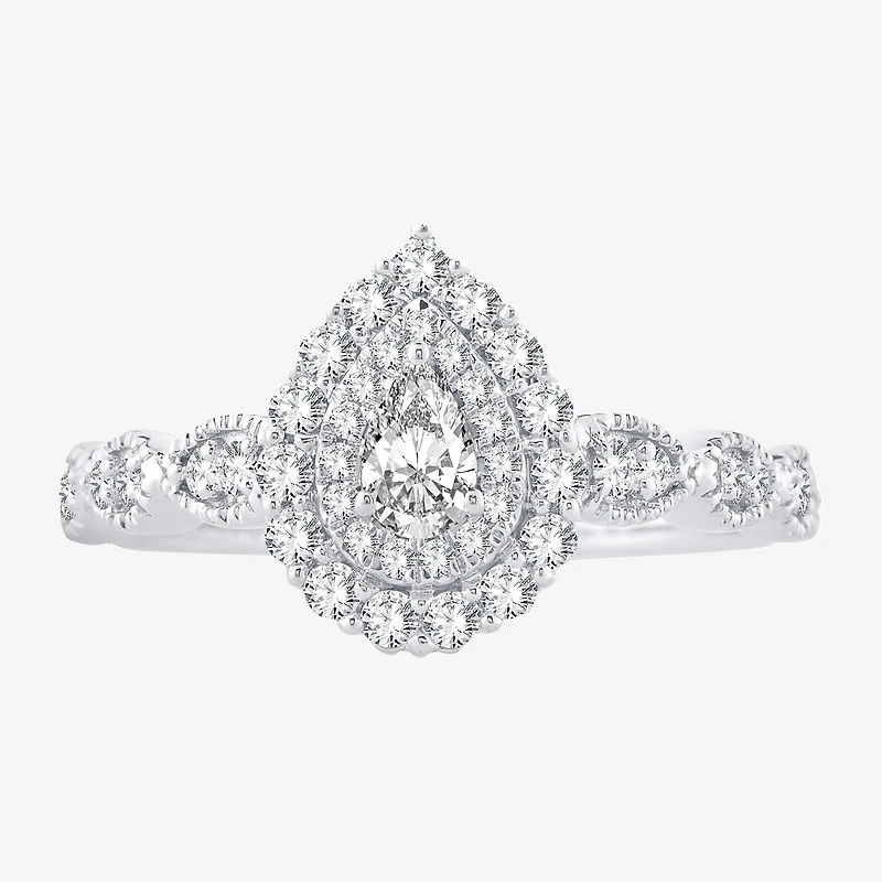 Signature By Modern Bride Womens 1/2 CT.T.W. Natural Diamond 10K or 14K White Gold Pear Side Stone Halo Engagement Ring