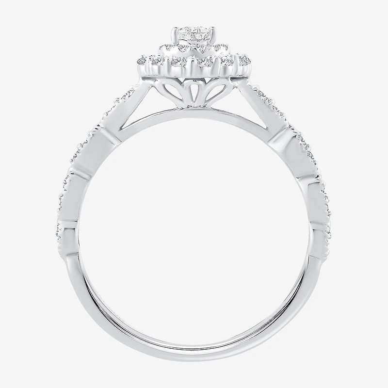 Signature By Modern Bride Womens 1/2 CT.T.W. Natural Diamond 10K or 14K White Gold Pear Side Stone Halo Engagement Ring