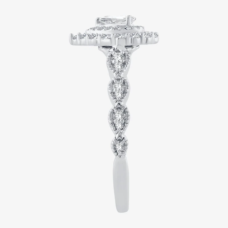 Signature By Modern Bride Womens 1/2 CT.T.W. Natural Diamond 10K or 14K White Gold Pear Side Stone Halo Engagement Ring