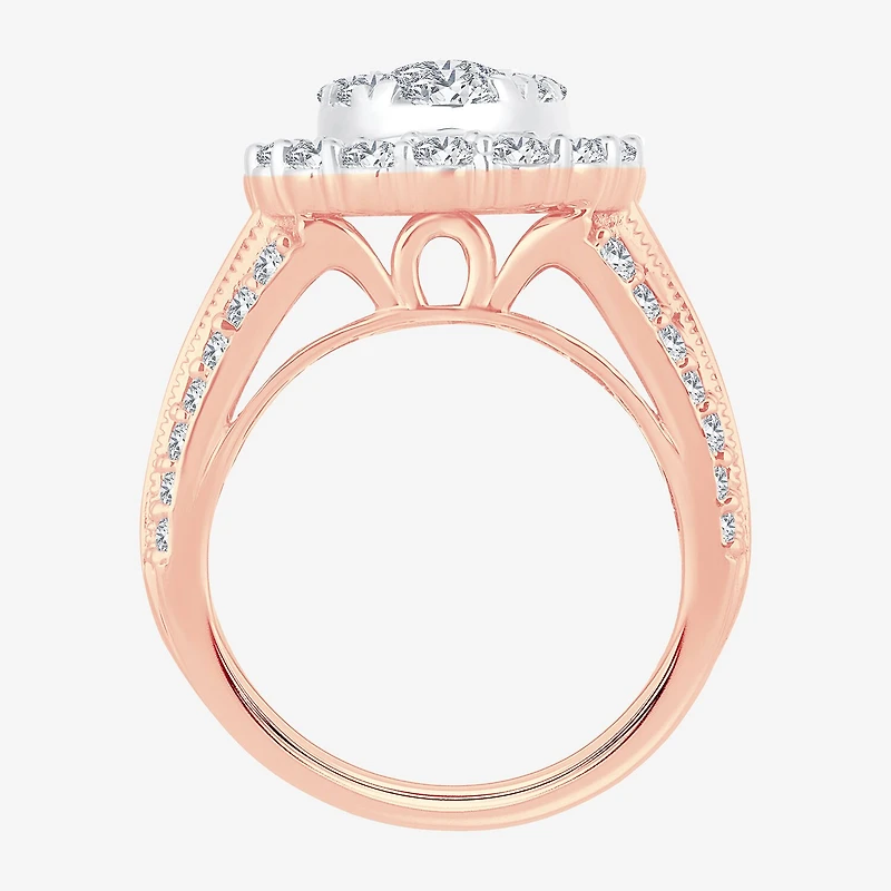 (I / Si1-Si2) Womens 3 CT. T.W. Lab Grown White Diamond 10K Gold Oval Side Stone Halo Engagement Ring