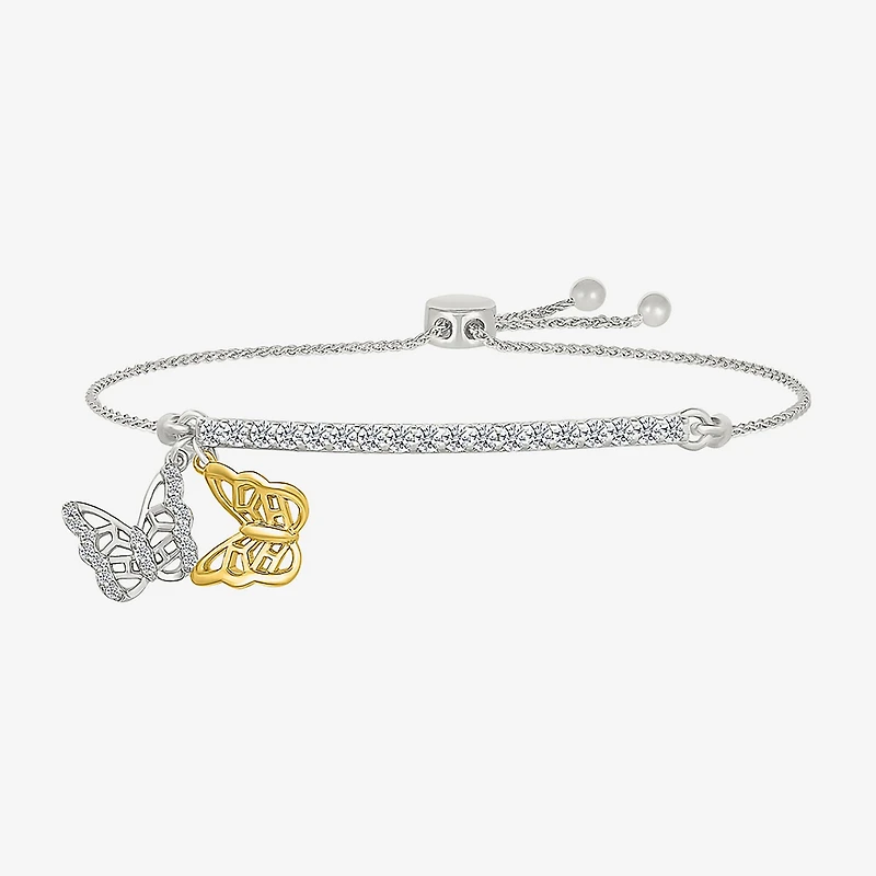 Womens Lab Created White Sapphire 10K Rose Gold Sterling Silver Butterfly Bolo Bracelet