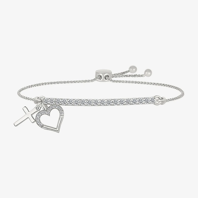 Womens Lab Created White Sapphire Sterling Silver Heart Bolo Bracelet