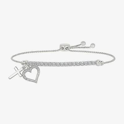 Womens Lab Created White Sapphire Sterling Silver Heart Bolo Bracelet