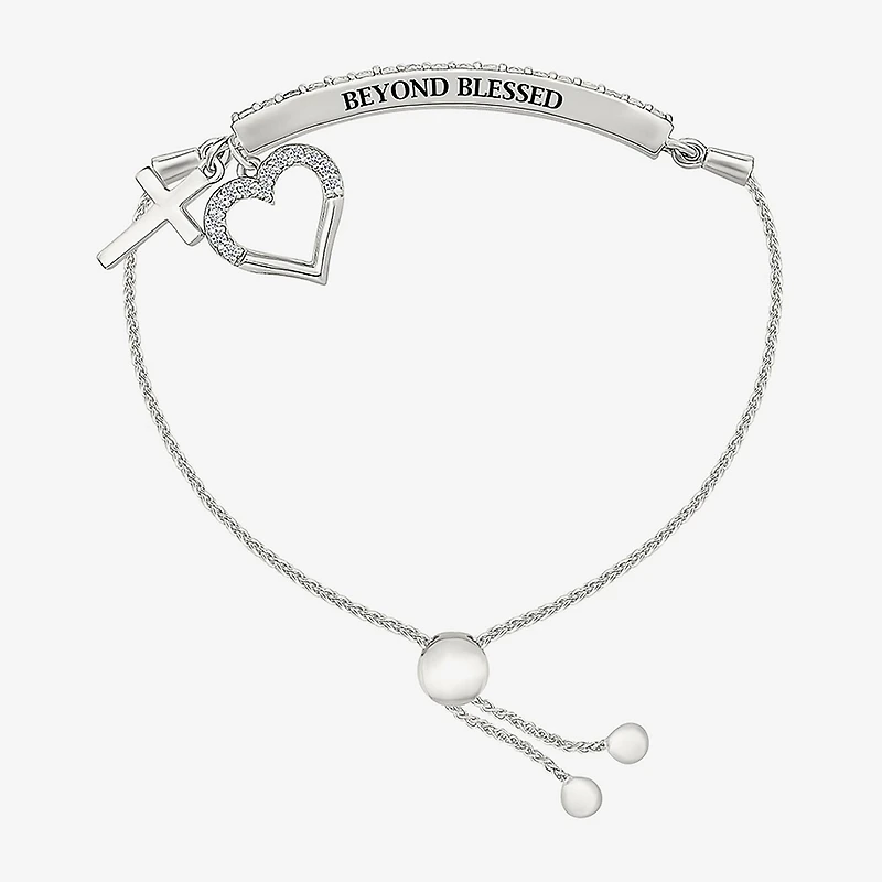 Womens Lab Created White Sapphire Sterling Silver Heart Bolo Bracelet