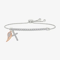 "Angel Wing" Womens Lab Created White Sapphire 10K Rose Gold Sterling Silver Cross Bolo Bracelet