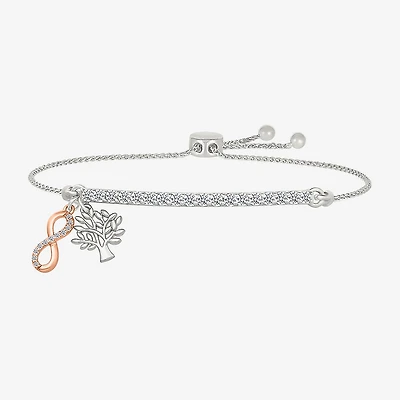"Tree Of Life" Womens Lab Created White Sapphire 10K Rose Gold Sterling Silver Infinity Bolo Bracelet