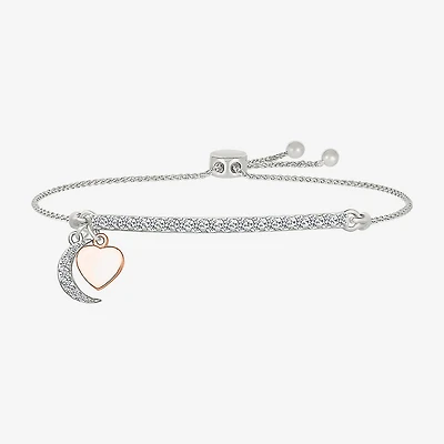 Womens Lab Created White Sapphire 10K Rose Gold Sterling Silver Heart Moon Bolo Bracelet