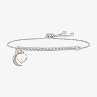 Womens Lab Created White Sapphire 10K Rose Gold Sterling Silver Heart Moon Bolo Bracelet