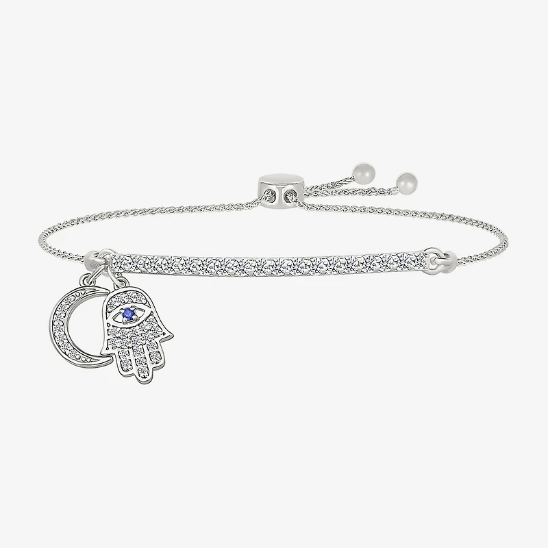 "Strong" Womens Lab Created Blue Sapphire Sterling Silver Hamsa Moon Bolo Bracelet