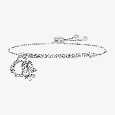 "Strong" Womens Lab Created Blue Sapphire Sterling Silver Hamsa Moon Bolo Bracelet