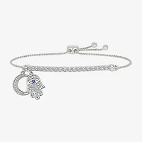 "Strong" Womens Lab Created Blue Sapphire Sterling Silver Hamsa Moon Bolo Bracelet