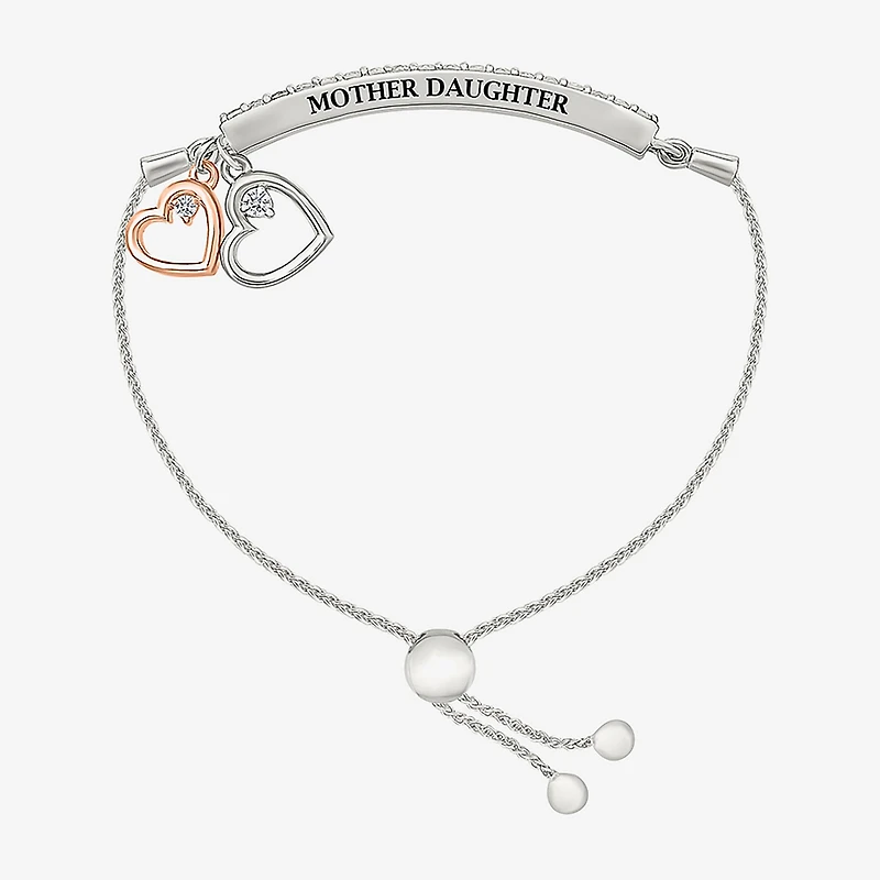 Womens Lab Created White Sapphire 10K Rose Gold Sterling Silver Heart Bolo Bracelet
