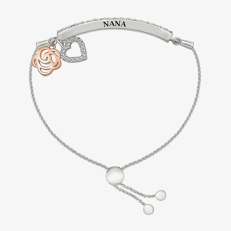 Womens Lab Created White Sapphire 10K Rose Gold Sterling Silver Flower Heart Bolo Bracelet