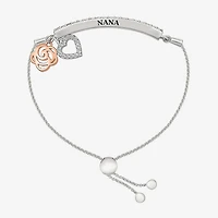 Womens Lab Created White Sapphire 10K Rose Gold Sterling Silver Flower Heart Bolo Bracelet