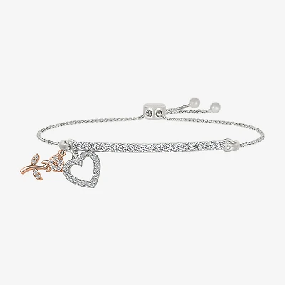 "Grandma" Womens Lab Created White Sapphire 10K Rose Gold Sterling Silver Flower Heart Bolo Bracelet