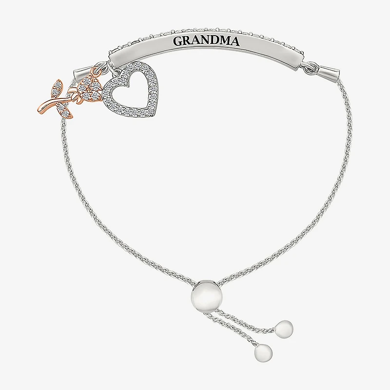 "Grandma" Womens Lab Created White Sapphire 10K Rose Gold Sterling Silver Flower Heart Bolo Bracelet