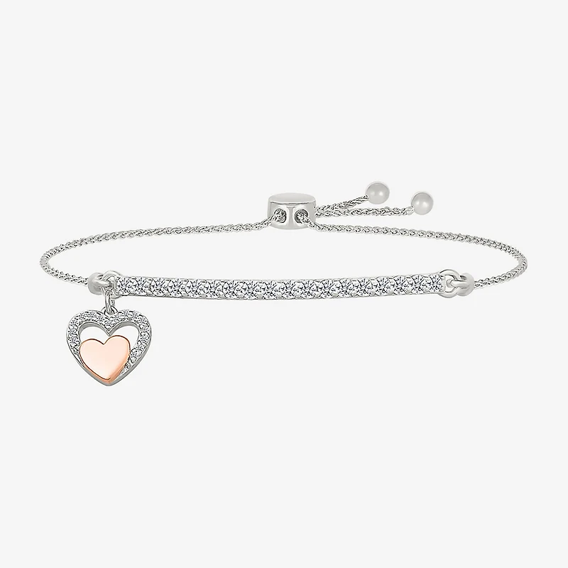 Womens Lab Created White Sapphire 10K Rose Gold Sterling Silver Heart Bolo Bracelet