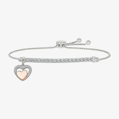 Womens Lab Created White Sapphire 10K Rose Gold Sterling Silver Heart Bolo Bracelet