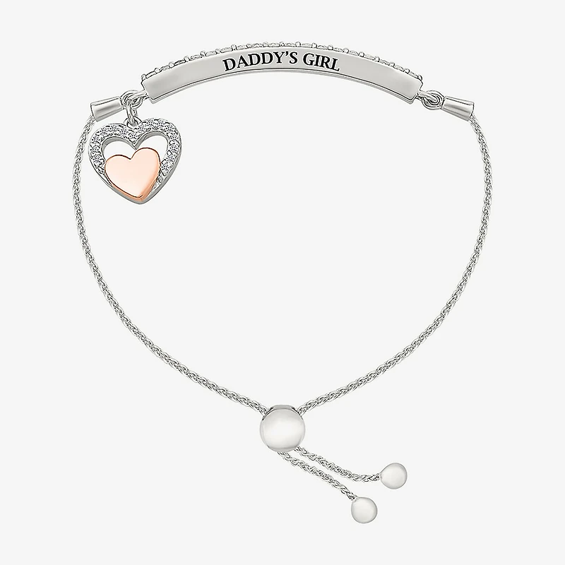 Womens Lab Created White Sapphire 10K Rose Gold Sterling Silver Heart Bolo Bracelet