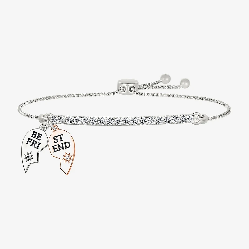 "Best Friend" Womens Lab Created White Sapphire 10K Rose Gold Sterling Silver Heart Bolo Bracelet