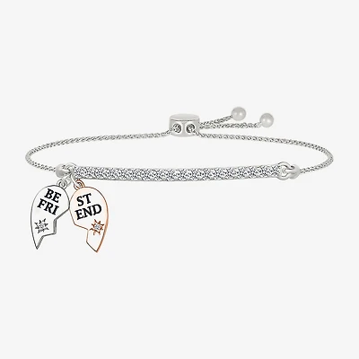 "Best Friend" Womens Lab Created White Sapphire 10K Rose Gold Sterling Silver Heart Bolo Bracelet